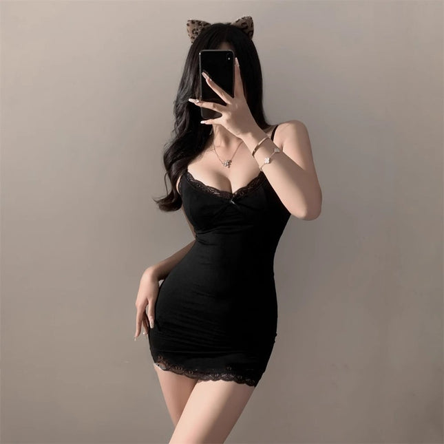 Pure Desire Style Lace Hot Girl's Hip Skirt with Chest Pad Sexy Figure Slim-fit Sling Nightgown Women's Outer Wear
