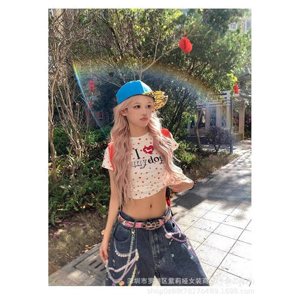 American Retro Dog Paw Full Print T-Shirt Women's Summer Sexy Short Top