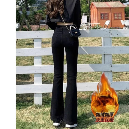 fleece-lined Thickened Black Micro-flare Jeans Women's Autumn and Winter Trendy All-match New High Waist Slimming Horn Pants