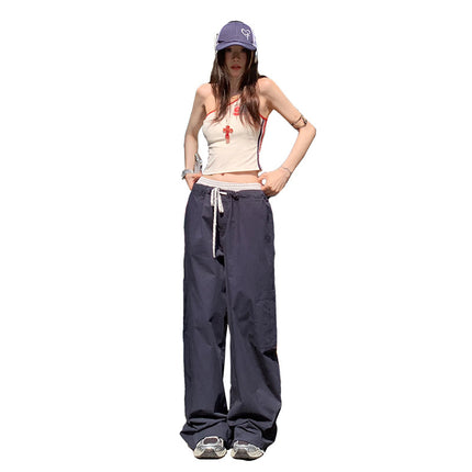 Korean Style Casual Style 2025 Spring and Summer New Plaid Stitching Double Waist Drawstring Pocket Loose Wide Leg Casual Pants for Women