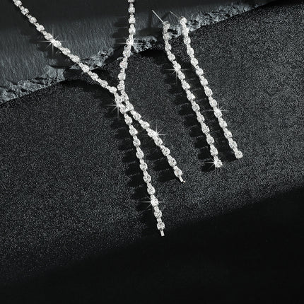 Fashion Popular Jewelry Exquisite Sparkling Rhinestone Tassel Long Necklace Earrings Set Bridal Party Jewelry