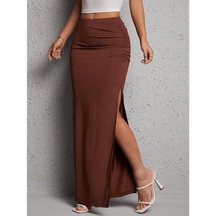 M8645 Dropshipping Aliexpress Amazon Cross-Border New Nightgown Women's Casual Solid Color Pleated Side Slits