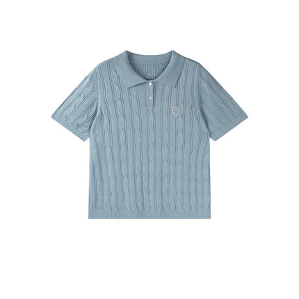 Double Day 2025 Summer New plus size Women's Chubby mmPolo Collar Short Sleeve Twist Simple Knitted Shirt F518