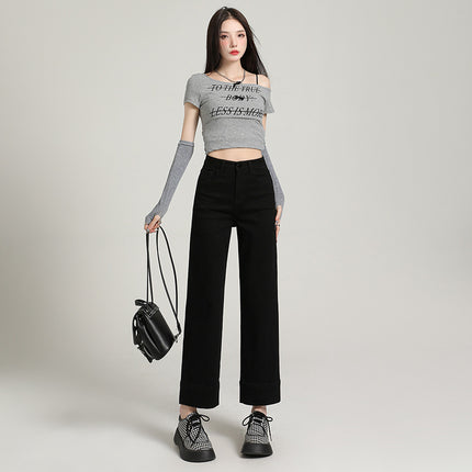 Korean-style All-match Cropped Straight Jeans Women's 2025 Spring New High Waist Elastic Slimming Smoke Pipe and French Stick Pants