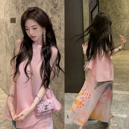 Miyake's Irregular Sleeveless Top Two-Piece Set with Pleated Print, Stylish and Fashionable Suit for Women, Holiday Style Two-Piece Set