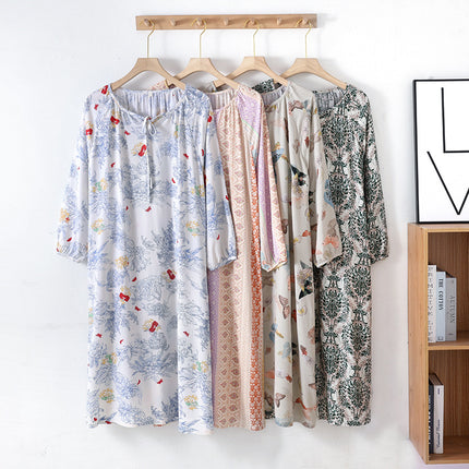 Cotton Silk Nightgown for Women, All-Cotton Summer Long-Sleeved Bohemian Style Long Dress Pajamas, Large Size Loose-Fitting Loungewear That Can Be Worn Outside