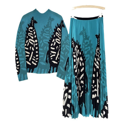 25 Spring New High-Waisted Slimming Pleated Skirt and Top Set, Miyake Classic Printed Pleated Skirt Set