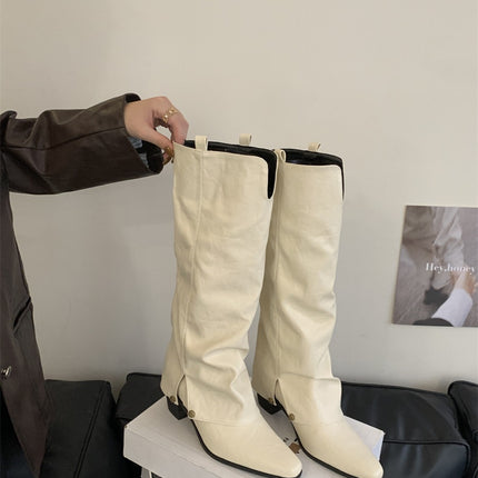 Hot Girl Style Pointed Toe Thick Heel Over-The-Knee Boots for Women, Fashionable and Slimming Pants Boots, Western Cowboy Knight Boots