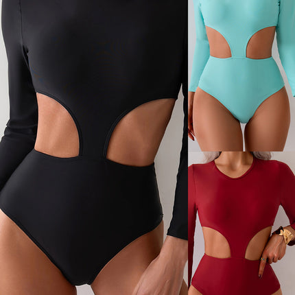 European and American New Amazon Sexy Hollow Back Long Sleeve Swimsuit Women's Black Sports Hot Spring Swimsuit