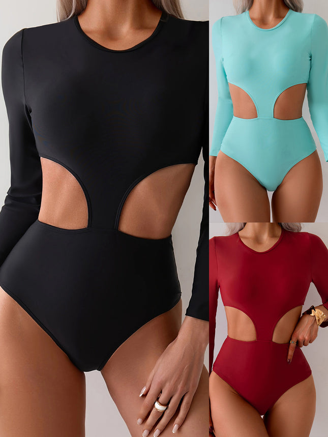 European and American New Amazon Sexy Hollow Back Long Sleeve Swimsuit Women's Black Sports Hot Spring Swimsuit