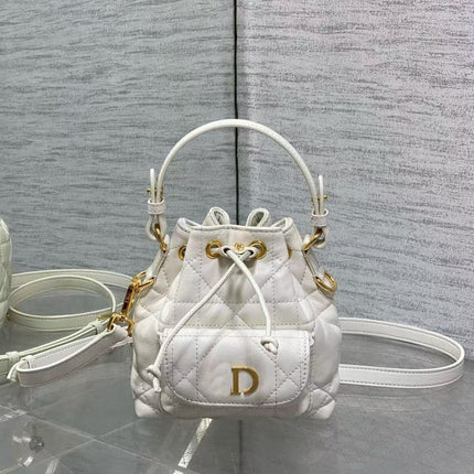 D's Caro Bucket Bag Micro Lambskin Fortune Bucket Rattan Pattern Soft Genuine Leather Women's Bag Fashionable Women's School Bag