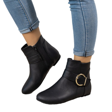 Free Shipping 2026 Spring New Style Large Buckle Side Zipper Women's Boots Flat Comfortable Low-Top European and American Versatile Short Boots