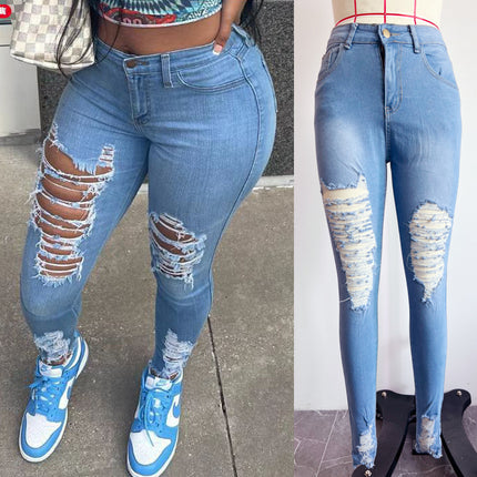 Spot European and American wish AliExpress Amazon ebay ripped denim leggings women's trousers factory outlet