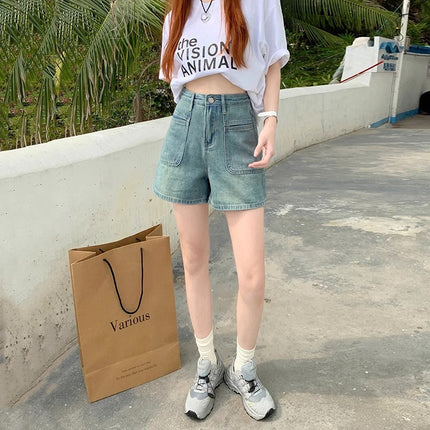 light blue Washed Retro A- shape Denim Shorts Women's Summer New High Waist Slimming Loose Wide Leg All-match Hot Pants