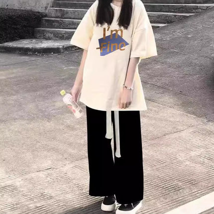 Pure Cotton Short-Sleeved T-Shirt Two-Piece Set for Junior High School Students, Loose Round Neck Top for Girls, Thin, Lazy Style, 2024 New Style