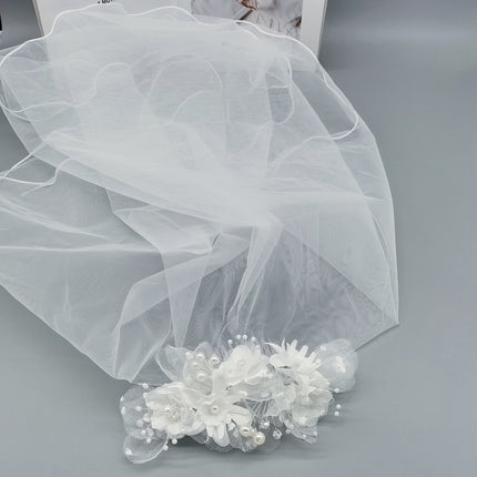 Bride and Bridesmaid White Pearl Overlay Double-Layer Veil Hair Comb Wedding Headdress Party Holiday Mesh Flower Set Hair Accessories