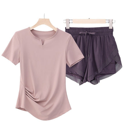 lVlV Same STyle Women's PleaTed SporTs ShorT-sleeVed Slim Sexy TighT ShorT V Neck U-back BeauTiful Back FiTness T-shirT
