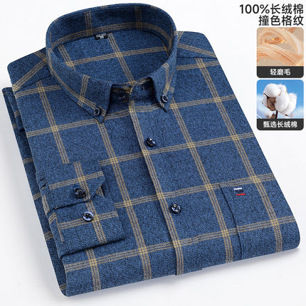 Factory Direct Sales 100% Pure Cotton Brushed Plaid Long-Sleeved Shirt Spring & Fall Dad Wear Men's Casual Versatile Shirt