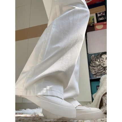 White High Waist Straight Jeans Women's Fashionable All-match Korean Style Pleated Design Sense Loose Slimming Pants