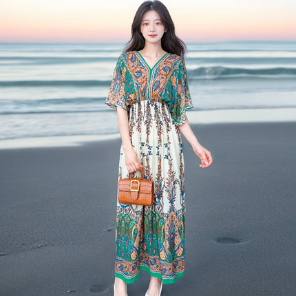 Cross-border ethnic style V-neck cotton silk short-sleeved beach skirt Thailand travel dress summer printed holiday floral skirt