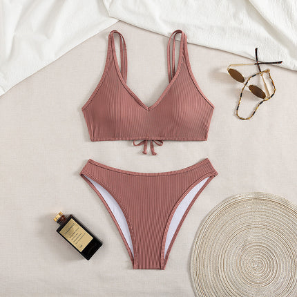 2024 New Cross-Border Amazon Bikini Swimsuit Women's European and American Sexy Pure Color Split High Waist Bikini Swimsuit