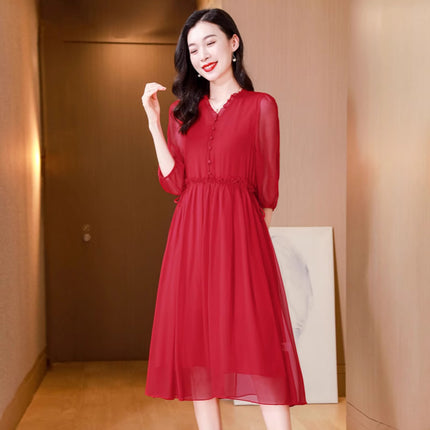 Solid Color Silk Half-Sleeve Dress, New Summer Style, Versatile and Elegant V-Neck Tie-Waist Dress
