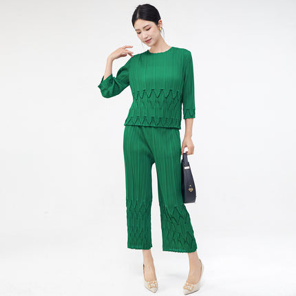 Women's Spring Women's Suits, High-End Pleated Clothes, a Complete Set of T-Shirts, Tops, Straight Pants, Miyake Two-Piece Set
