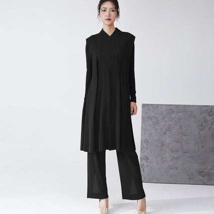 Miyake suit Women's High-end Professional Commuting All-match Mid-length Vest Cardigan Jacket Straight Pants Two-piece Set