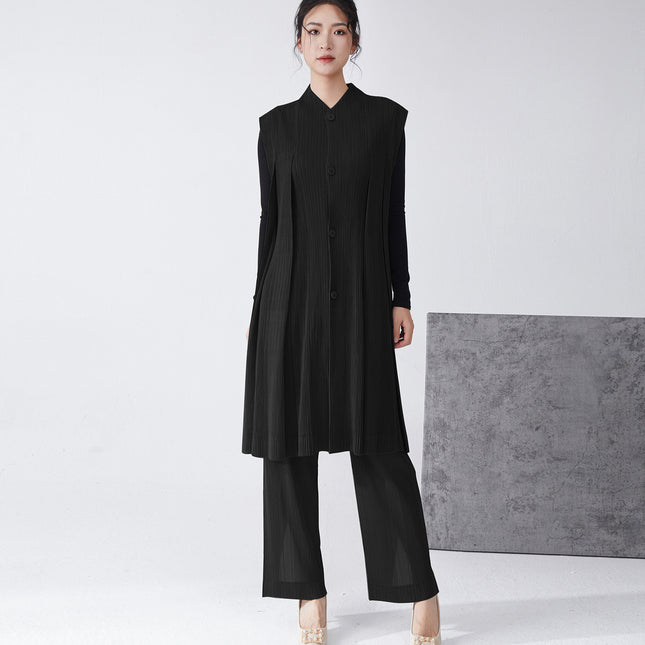 Miyake suit Women's High-end Professional Commuting All-match Mid-length Vest Cardigan Jacket Straight Pants Two-piece Set