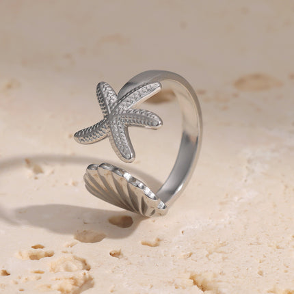 European and American Hot-Selling Starfish Shell Ring for Women, Niche High-End Trendy Daily Matching Ring, Stainless Steel Hand Jewelry
