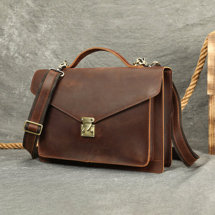Masiwei Crazy Horse Leather 16-Inch Briefcase Business Retro Flap Laptop Bag Genuine Leather Handheld Document Bag Trendy