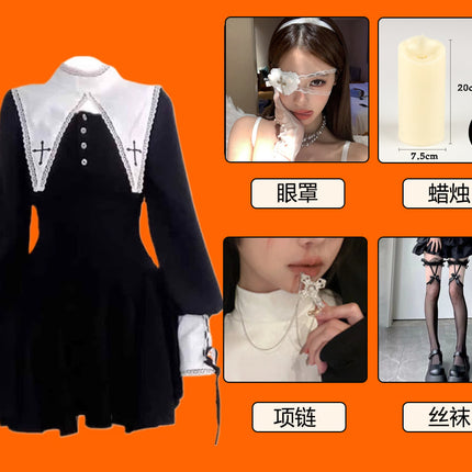 Evil Nun! Halloween Cos Costume Contrast Style Blackened Gothic Dark Style Horror Dress for Adult Women