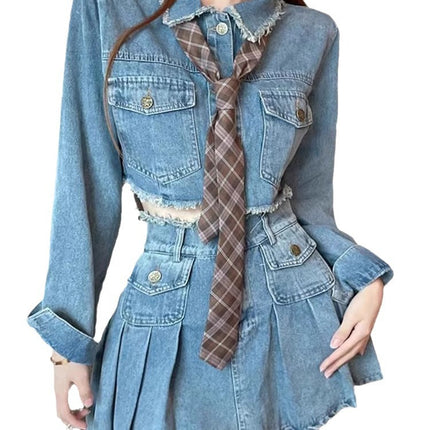 Internet Celebrity Fried Street Denim Skirt Two-piece Suit Women's Autumn and Summer Elegant New Goddess Fan Short-sleeved Spice Girls Pleated Short Skirt