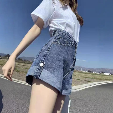 Personalized Versatile Curled Denim Shorts for Women Summer 2025 Pear-Shaped Figure High-Waisted Loose Slimming Thin Wide-Leg Shorts