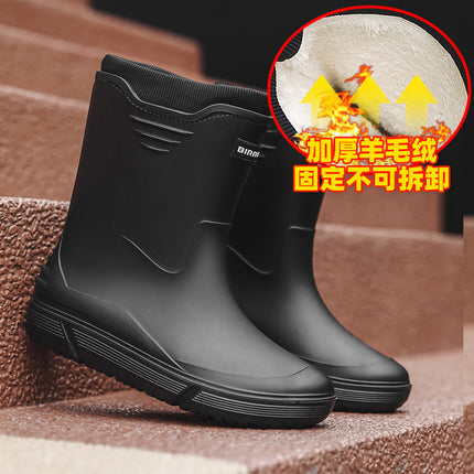 Men's Waterproof Rain Boots with Cuffs, Fishing Water Shoes, Fleece-Lined, Non-Slip Kitchen Work Rubber Shoes, Comfortable Soft-Soled Rain Boots