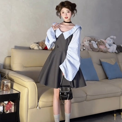 Korean Style One-Shoulder Lantern Sleeve Off-Shoulder A-Line Skirt for Female Students Summer New Stripesd Fake Two-Piece Dress Trendy