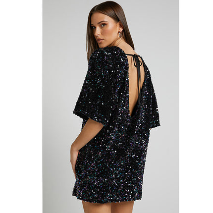 European and American cross-border autumn and winter New velvet sequins fashion elegant back V-neck backless short sleeve dress