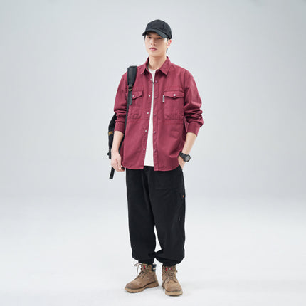 Heavy Wash Cotton Japanese Style Vintage Trendy Brand Loose Casual Shirt Jacket Army Green dark gray Jujube