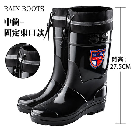 Black High-Tube Men's Rain Boots for Foreign Trade, Waterproof and Non-Slip Kitchen Shoes, Warm Mid-Tube Men's Water Boots, Rain Boots