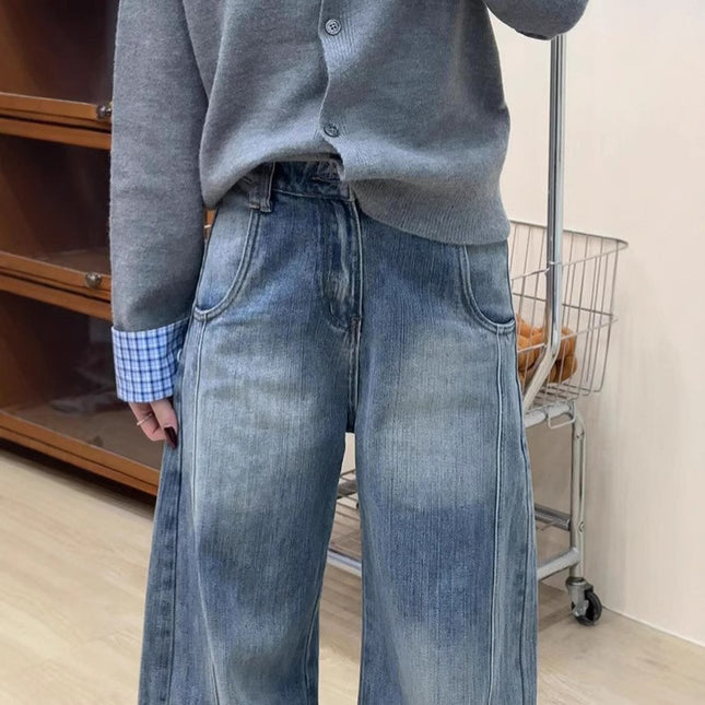 Tall Version Bamboo Texture Loose Scimitar Jeans American Retro Washed Wide-Leg Casual Floor-Length Pants Trendy