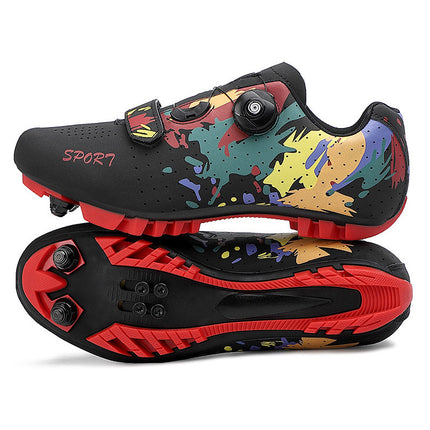 Mountain Bike Lockless Cycling Shoes Men's and Women's Graffiti Road Bike Lock Shoes Hard Sole Dynamic Bicycle Shoes Bicycle Professional Shoes