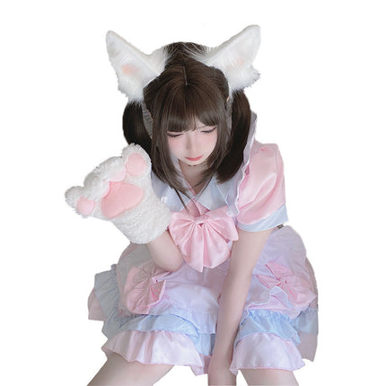 Japanese Lolita Maid Cosplay Pink Loli Maid Uniform Bow Short-Sleeve Dress
