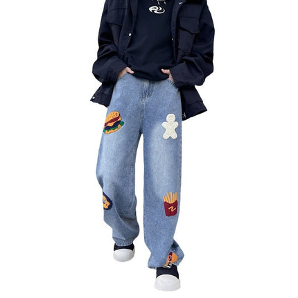 Design Sense Creative Hamburger Towel Embroidered Jeans Men's and Women's Slimming vintage Loose High Street Wide Leg Pants