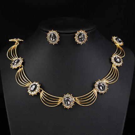 Cross-Border Gemstone Necklace, Artistic Retro Medieval Court Jewelry, Fan-Shaped Aesthetic Internet Celebrity Style Necklace and Earrings Set