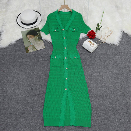 S Brand European and American Cross-Border Spring/Summer New V-Neck Short-Sleeve Dress 2026 French Socialite Women's Clothing Waist-Cinching Slit Long Dress
