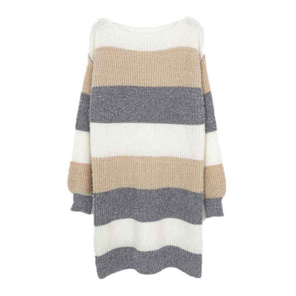 Autumn and Winter New Trendy Versatile Contrasting Striped Mid-Length Skirt Casual Style Loose Round Neck Long-Sleeved Knitted Dress