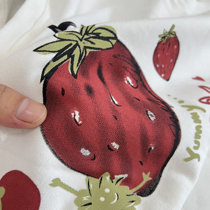 Brushed Strawberry Print Fake Two-Piece Long-Sleeved T-Shirt for Women Spring & Fall New Casual Versatile Round Neck Top to Look Slim and Reduce Age