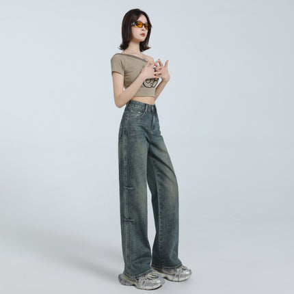 American Style Retro Old High Waist Straight Jeans Women's 2025 Spring New Loose Slim-Fit Pants