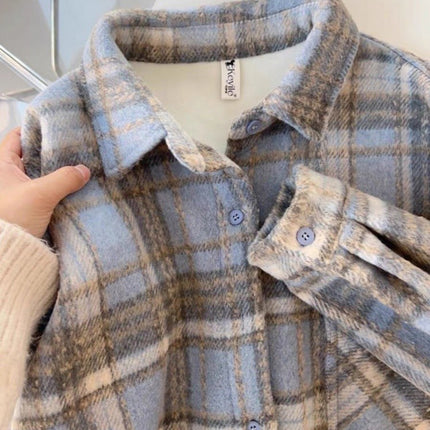2025 Autumn and Winter Brushed Plaid Shirt Jacket Women's Loose Casual Flesh-Covering Lazy Style Mid-Length Shirt Cardigan