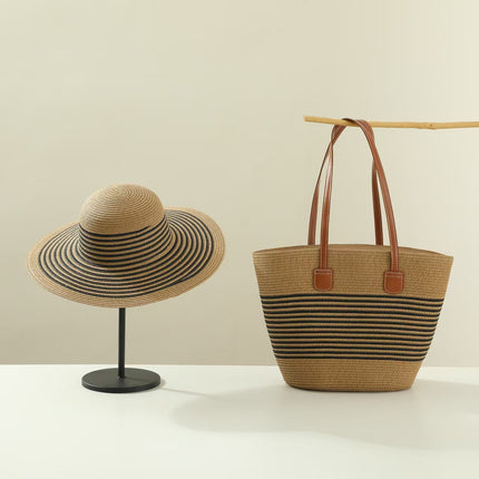 Ready Supply of Large-Capacity Straw Bag Set, Large-Brimmed Sunshade Straw Hat, Single-Striped One-Shoulder Woven Beach Bag for Women, Trendy